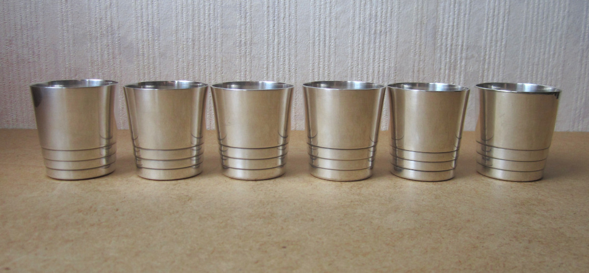Six Large Christofle Art Deco Goblets Or Small Cups 1930 Modernist Luc Lanel Style.