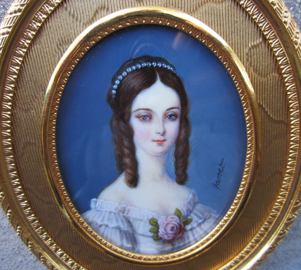 Très belle miniature sur ivoire signé Gamet Marie Duplessis Dame aux camélias cadre bronze doré-photo-2