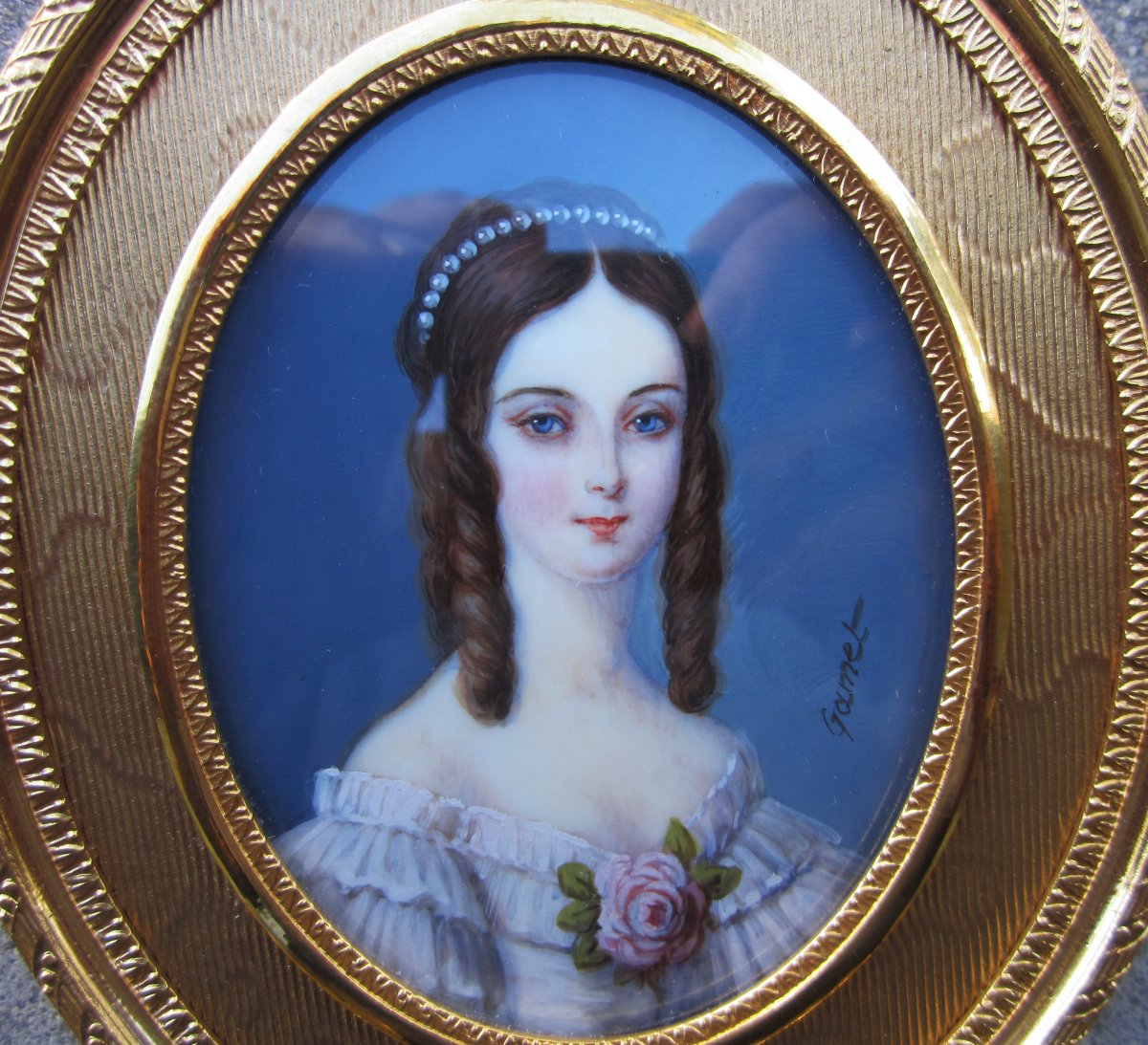 Très belle miniature sur ivoire signé Gamet Marie Duplessis Dame aux camélias cadre bronze doré-photo-3