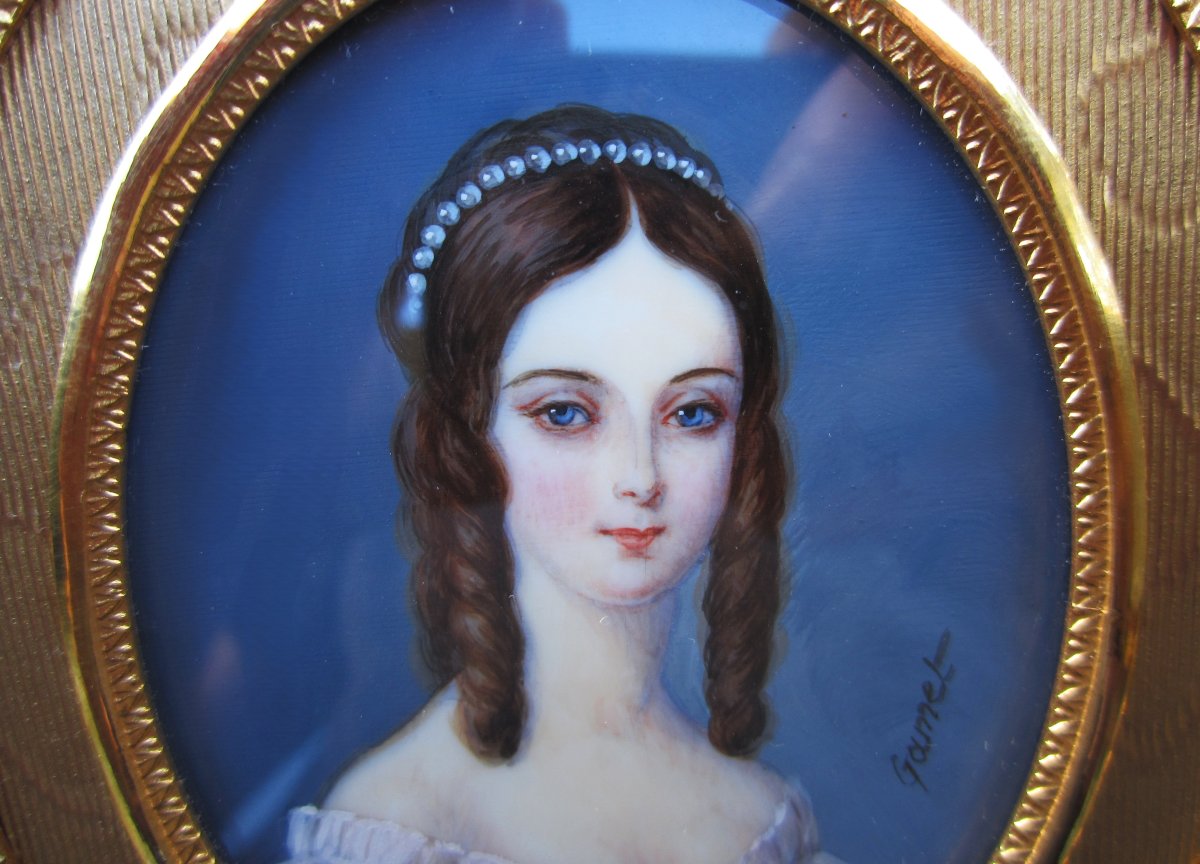 Très belle miniature sur ivoire signé Gamet Marie Duplessis Dame aux camélias cadre bronze doré-photo-4