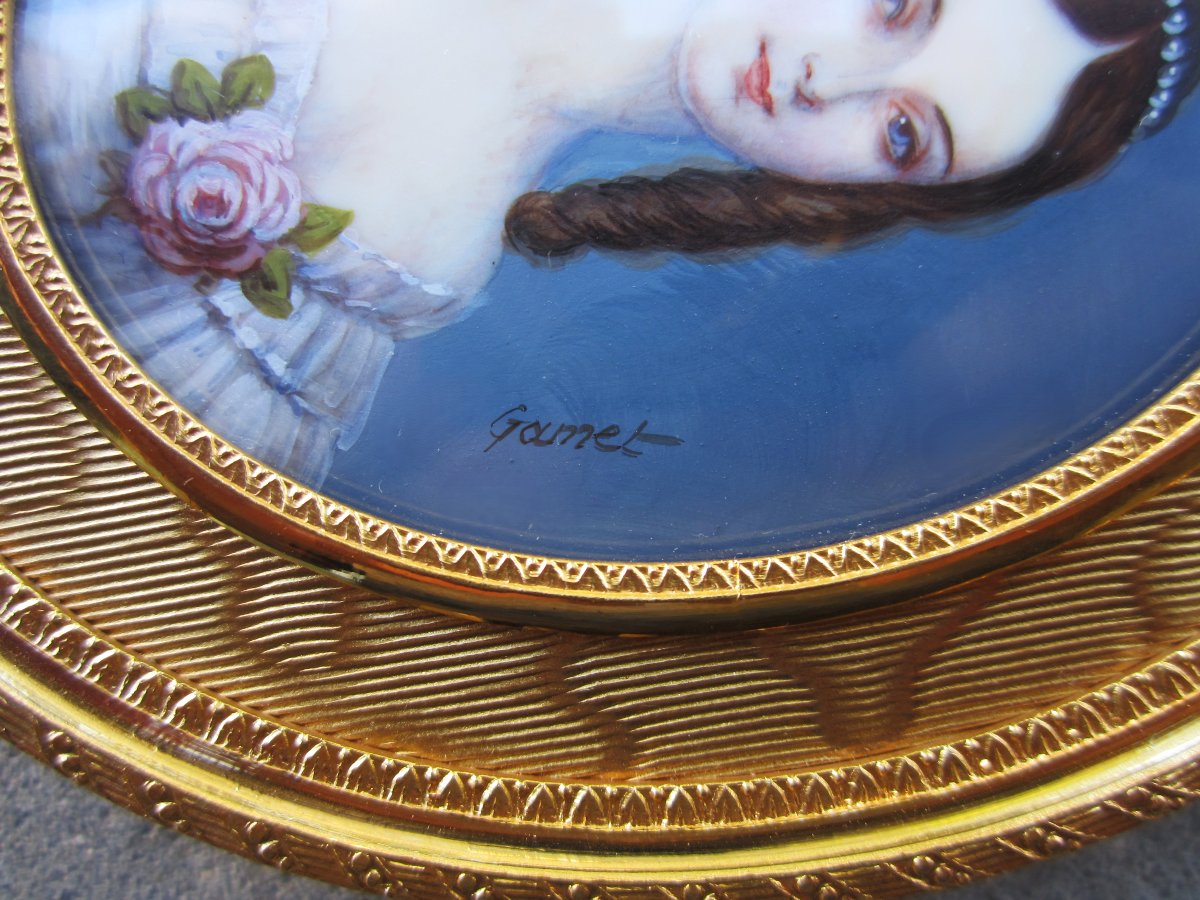 Très belle miniature sur ivoire signé Gamet Marie Duplessis Dame aux camélias cadre bronze doré-photo-2