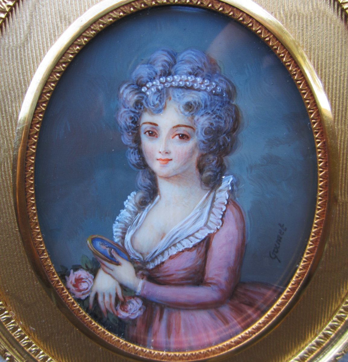 Very Beautiful Miniature On Ivory Signed Gamet, Woman Wearing A Miniature Gilt Bronze Frame.-photo-2