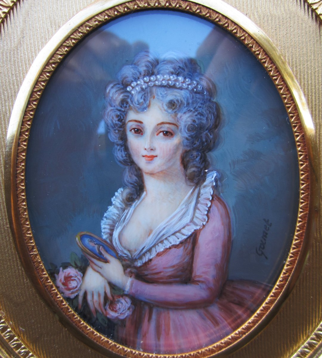 Very Beautiful Miniature On Ivory Signed Gamet, Woman Wearing A Miniature Gilt Bronze Frame.-photo-3
