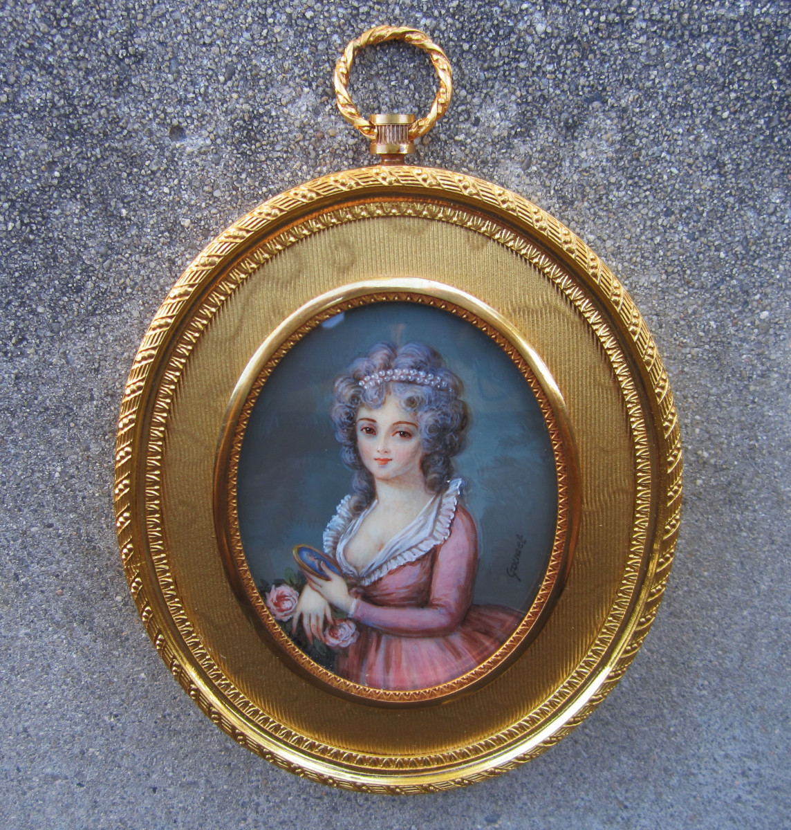 Very Beautiful Miniature On Ivory Signed Gamet, Woman Wearing A Miniature Gilt Bronze Frame.