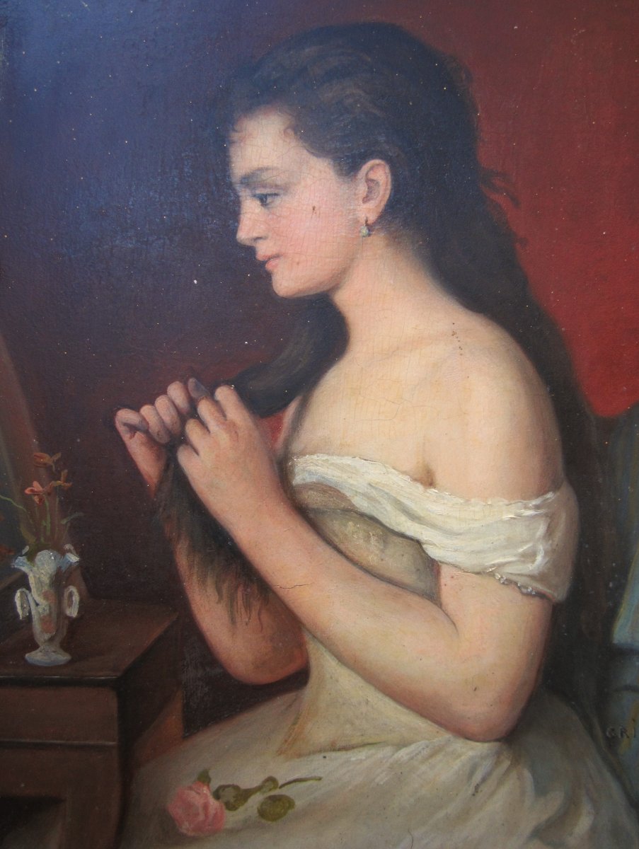 Jeune femme à la toilette huile XIXe sur panneau d'acajou tableau signé Grimaud et daté en 1890-photo-3