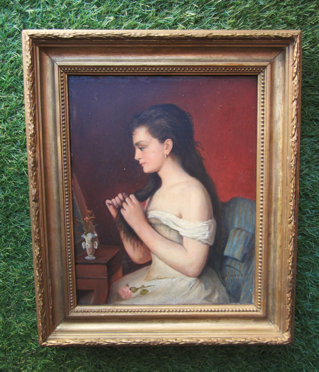 Jeune femme à la toilette huile XIXe sur panneau d'acajou tableau signé Grimaud et daté en 1890
