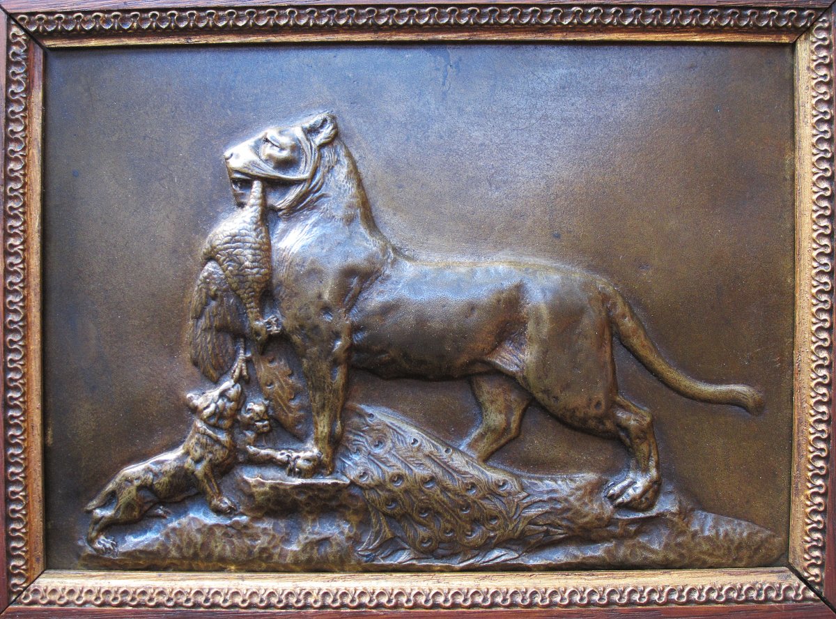 Very Beautiful Bronze Plaque In Bas-relief Of A Lioness And Her Cubs Attributed To Auguste Cain (1821-1894)-photo-2