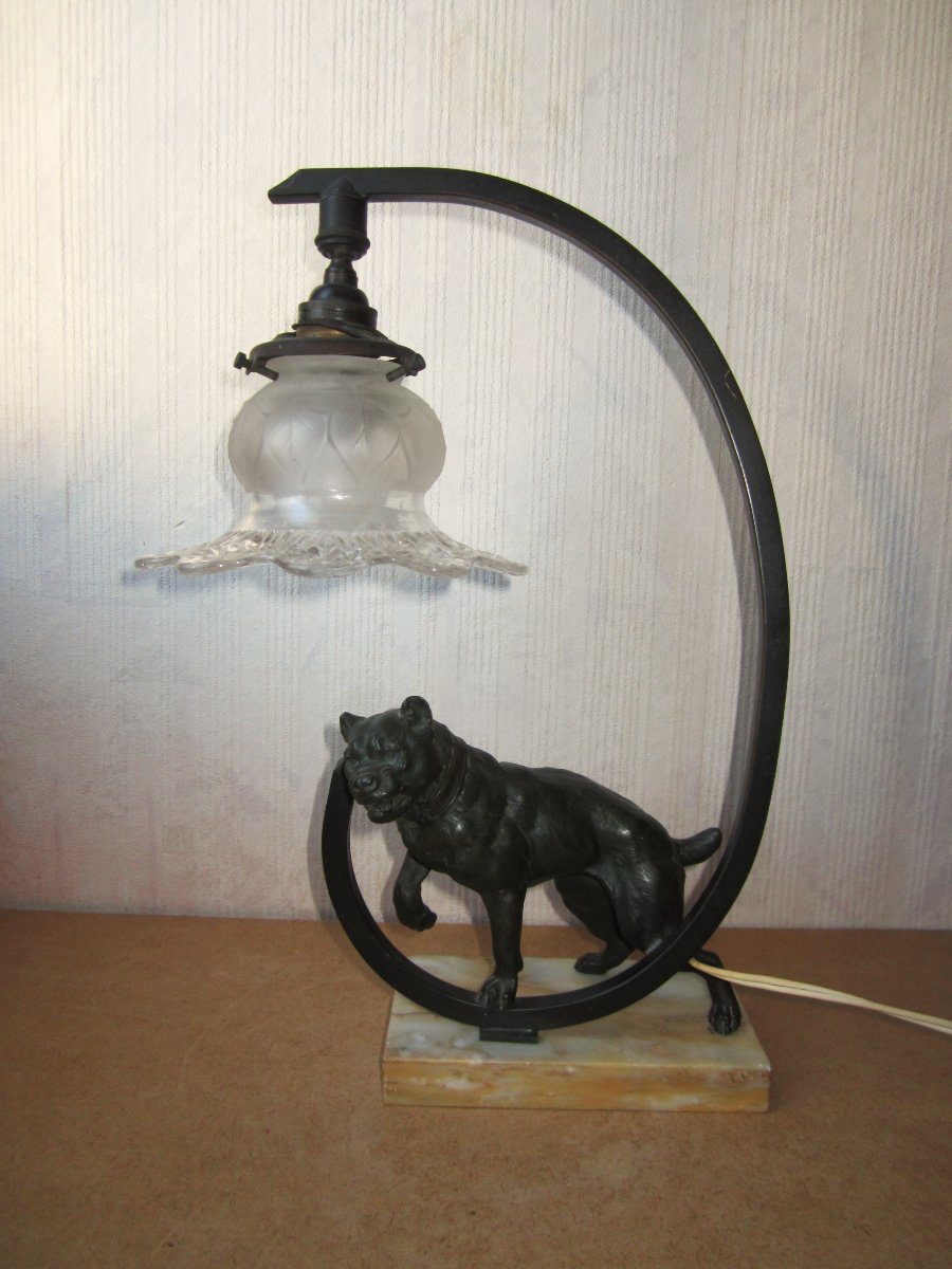 Art Deco Desk Or Bedside Lamp In Spelter With A Guard Dog, Mastiff, Bulldog, Boxer.-photo-2