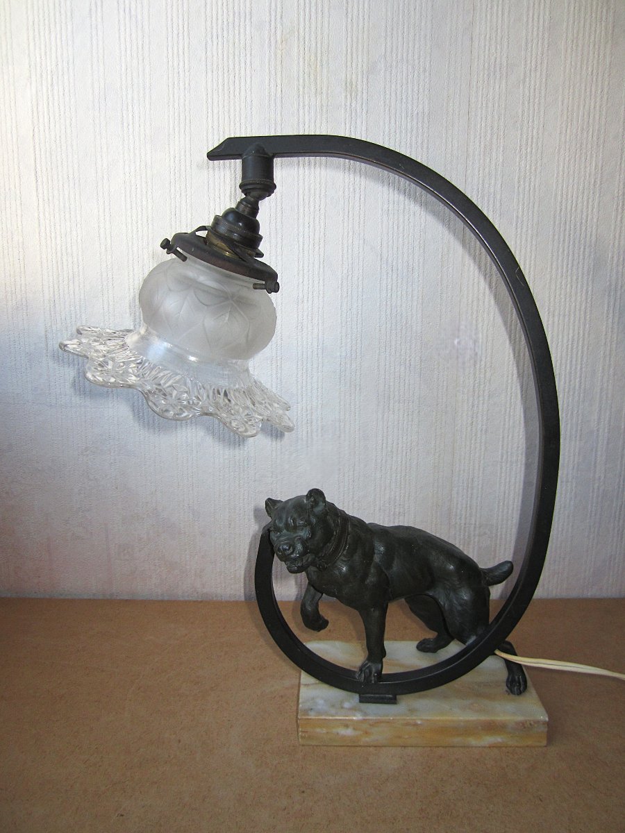 Art Deco Desk Or Bedside Lamp In Spelter With A Guard Dog, Mastiff, Bulldog, Boxer.-photo-3