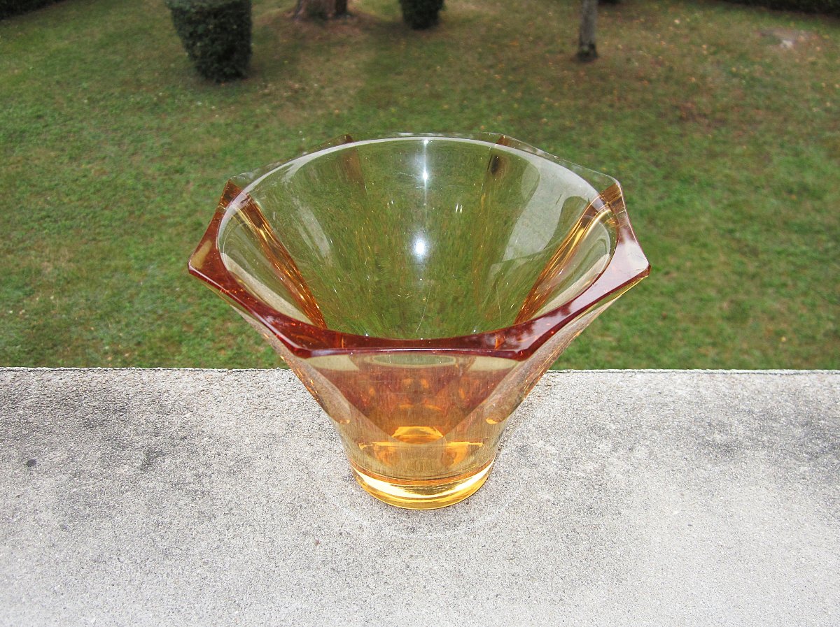 Daum Cross Of Lorraine Nancy France, Beautiful Orange Bowl With Cut Sides, Art Deco Period 1930.-photo-2