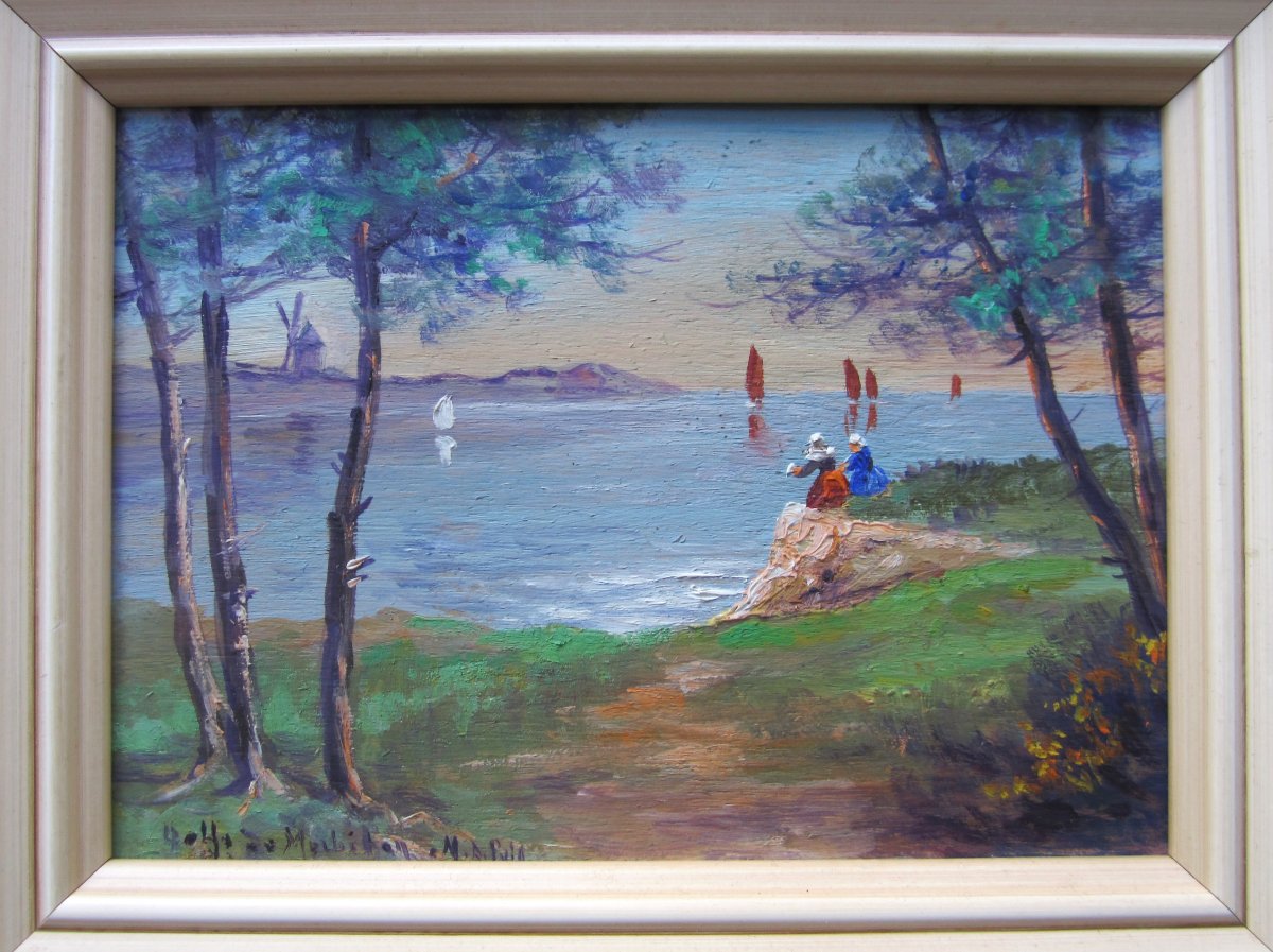 The Gulf Of Morbihan Signed Painting Oil On Wood Marine 1940 Vannes Quiberon Belle Ile En Mer-photo-2