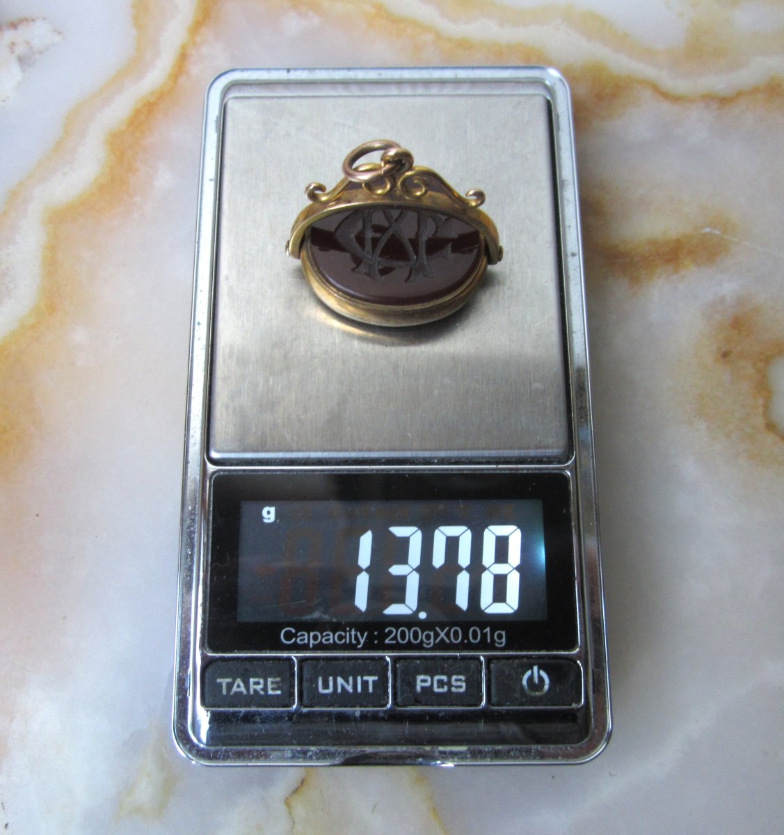 Beau sceau breloque de châtelaine XIXe en or 9 carats  9k et cornaline monogramme MC intaille-photo-7