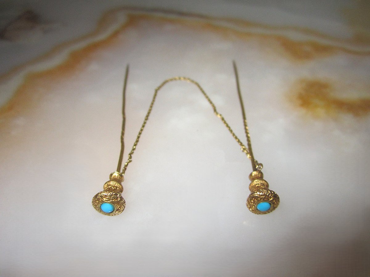 Double épingle de col à foulard ou à cravate XIXe en or massif 18k 18 carats et turquoises.-photo-3