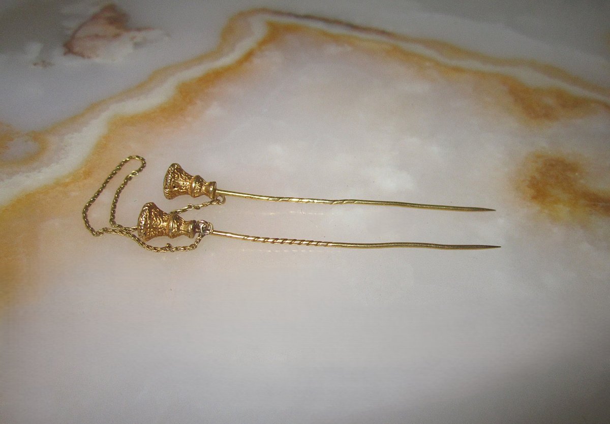 Double épingle de col à foulard ou à cravate XIXe en or massif 18k 18 carats et turquoises.-photo-2
