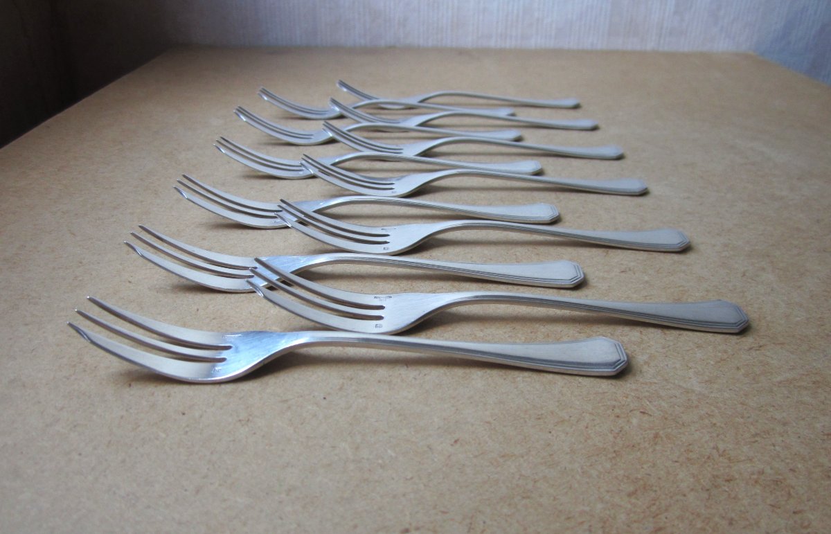 12 belles fourchettes à gâteau à tarte ou à dessert Christofle modèle America en coffret.-photo-4