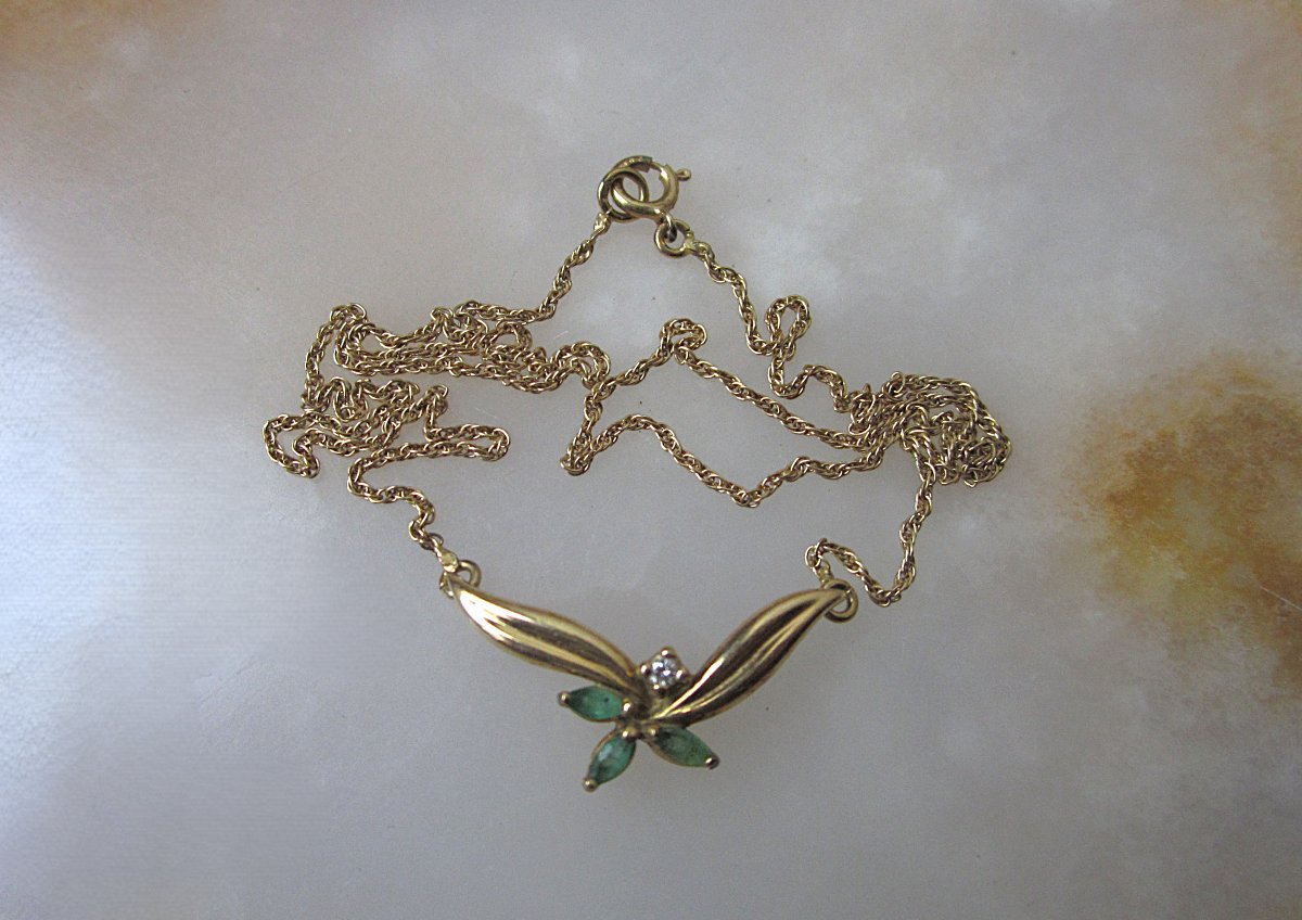 Very Beautiful Choker Necklace In Solid 18 Carat Gold 18k Emeralds And Diamonds, 4.50 Grams.-photo-3