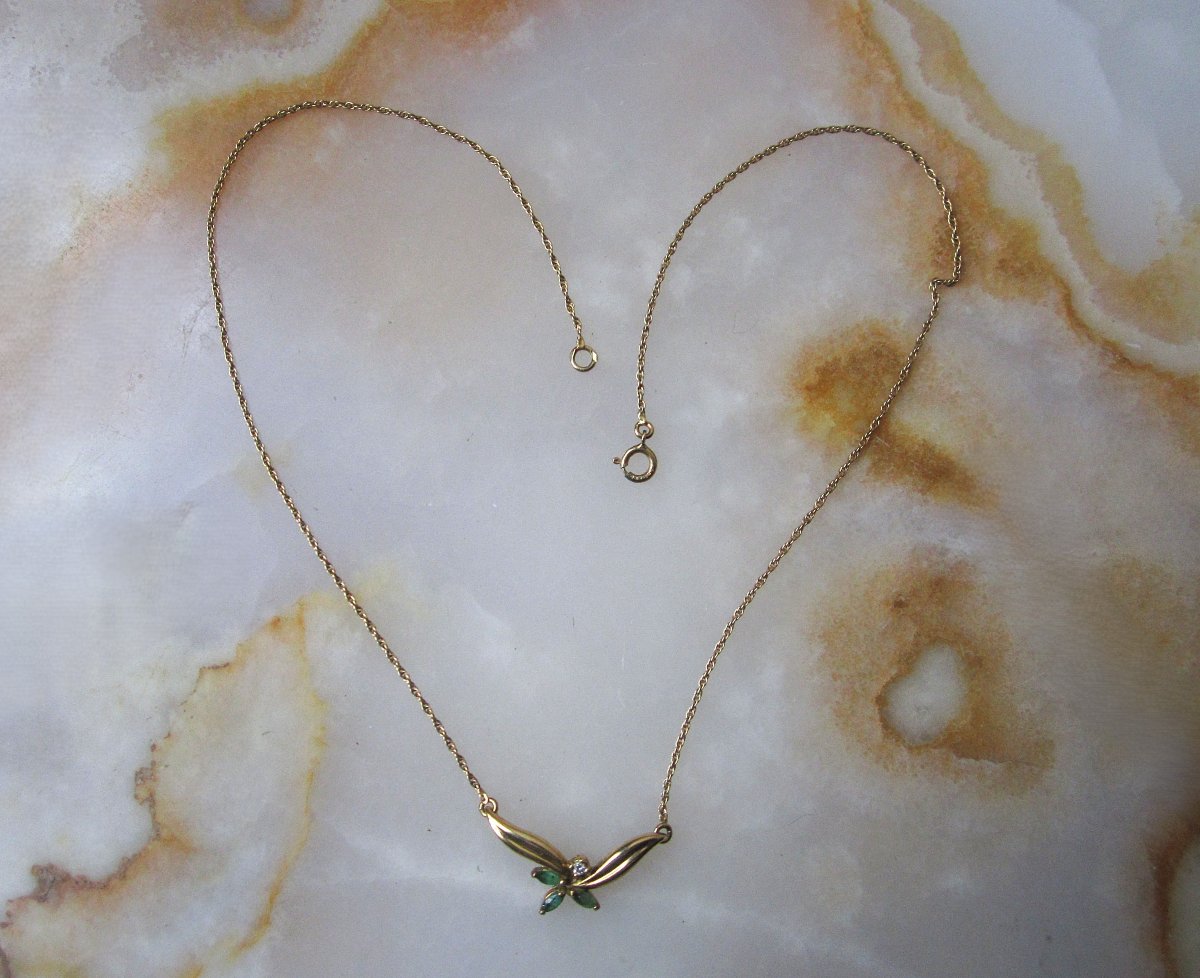 Very Beautiful Choker Necklace In Solid 18 Carat Gold 18k Emeralds And Diamonds, 4.50 Grams.-photo-6