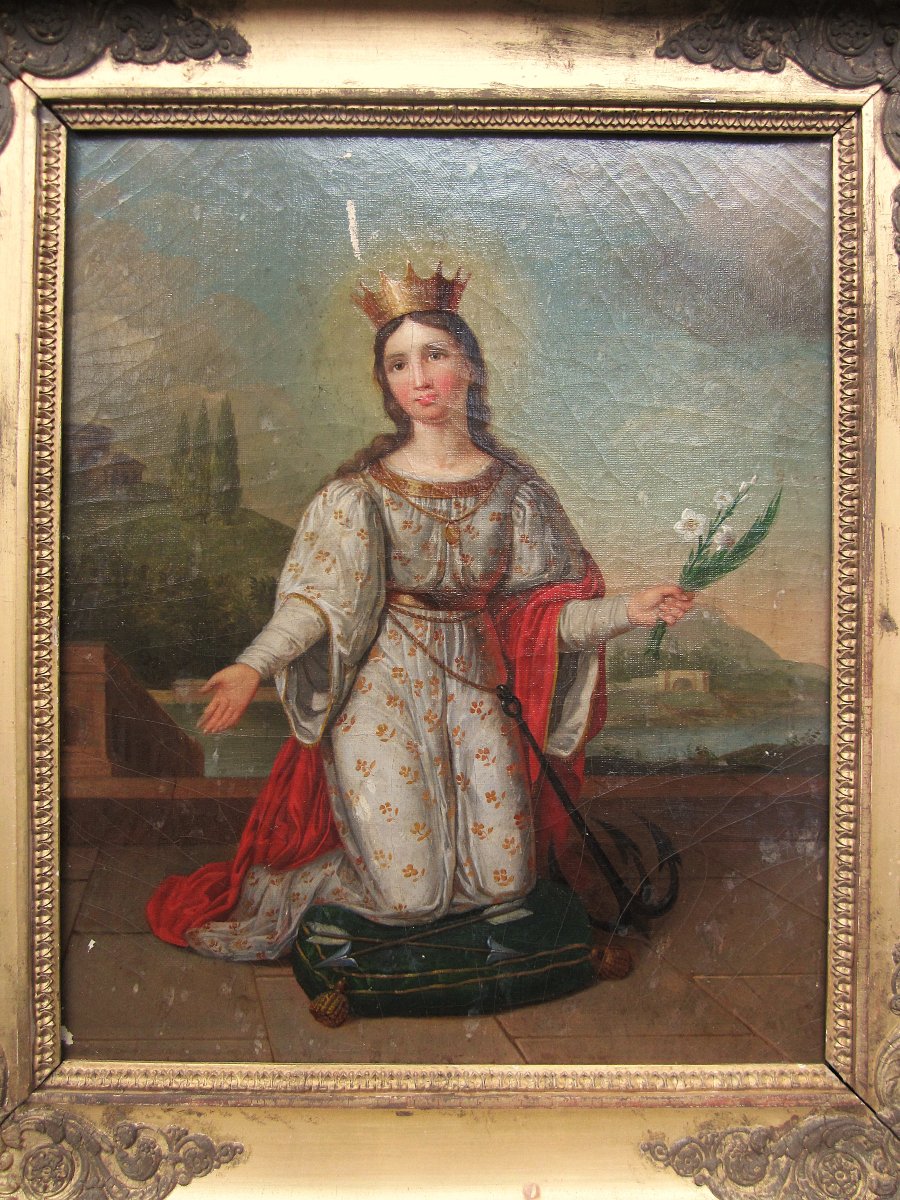 Très beau tableau représentant Sainte Philomène huile sur toile d'époque début XIXe à restaurer-photo-2