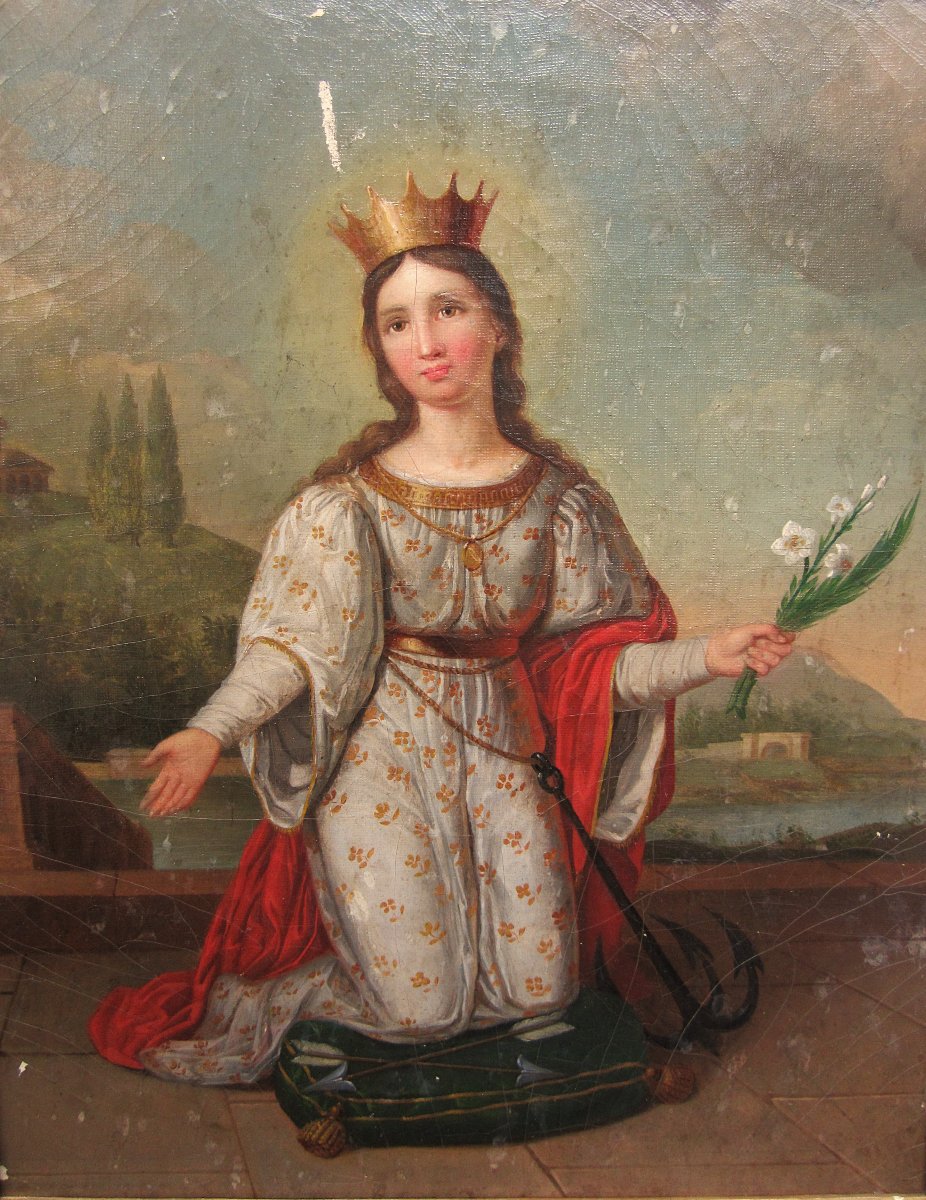 Très beau tableau représentant Sainte Philomène huile sur toile d'époque début XIXe à restaurer-photo-3