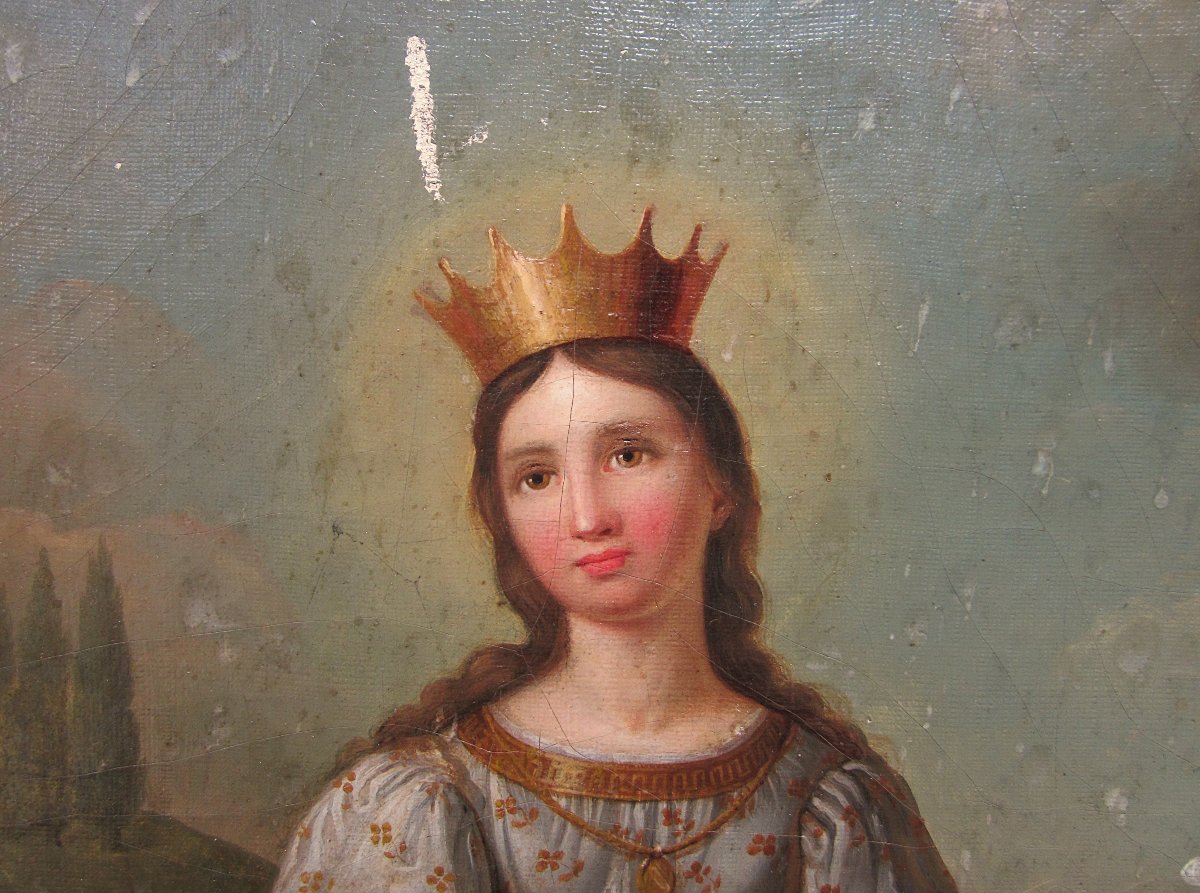 Très beau tableau représentant Sainte Philomène huile sur toile d'époque début XIXe à restaurer-photo-4