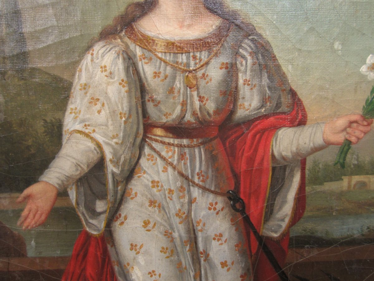 Très beau tableau représentant Sainte Philomène huile sur toile d'époque début XIXe à restaurer-photo-1
