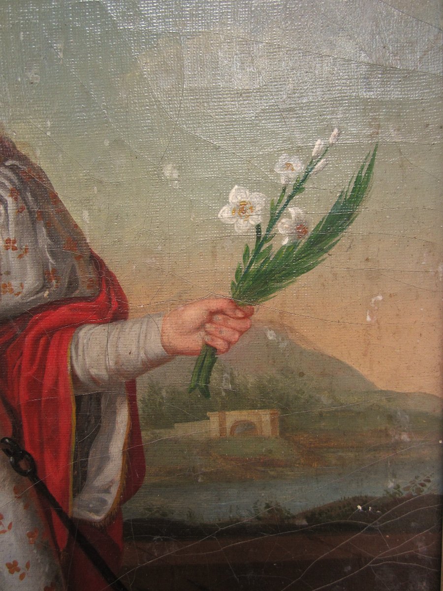 Très beau tableau représentant Sainte Philomène huile sur toile d'époque début XIXe à restaurer-photo-3