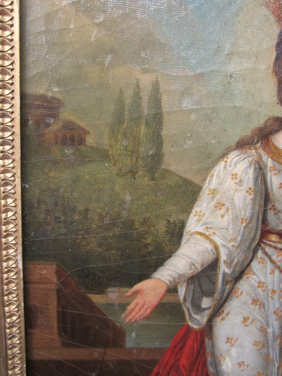 Très beau tableau représentant Sainte Philomène huile sur toile d'époque début XIXe à restaurer-photo-4