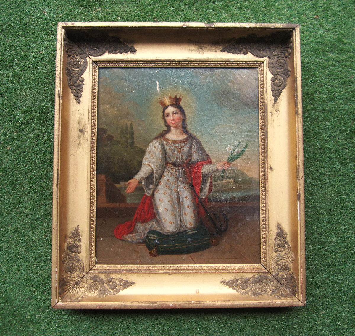 Très beau tableau représentant Sainte Philomène huile sur toile d'époque début XIXe à restaurer