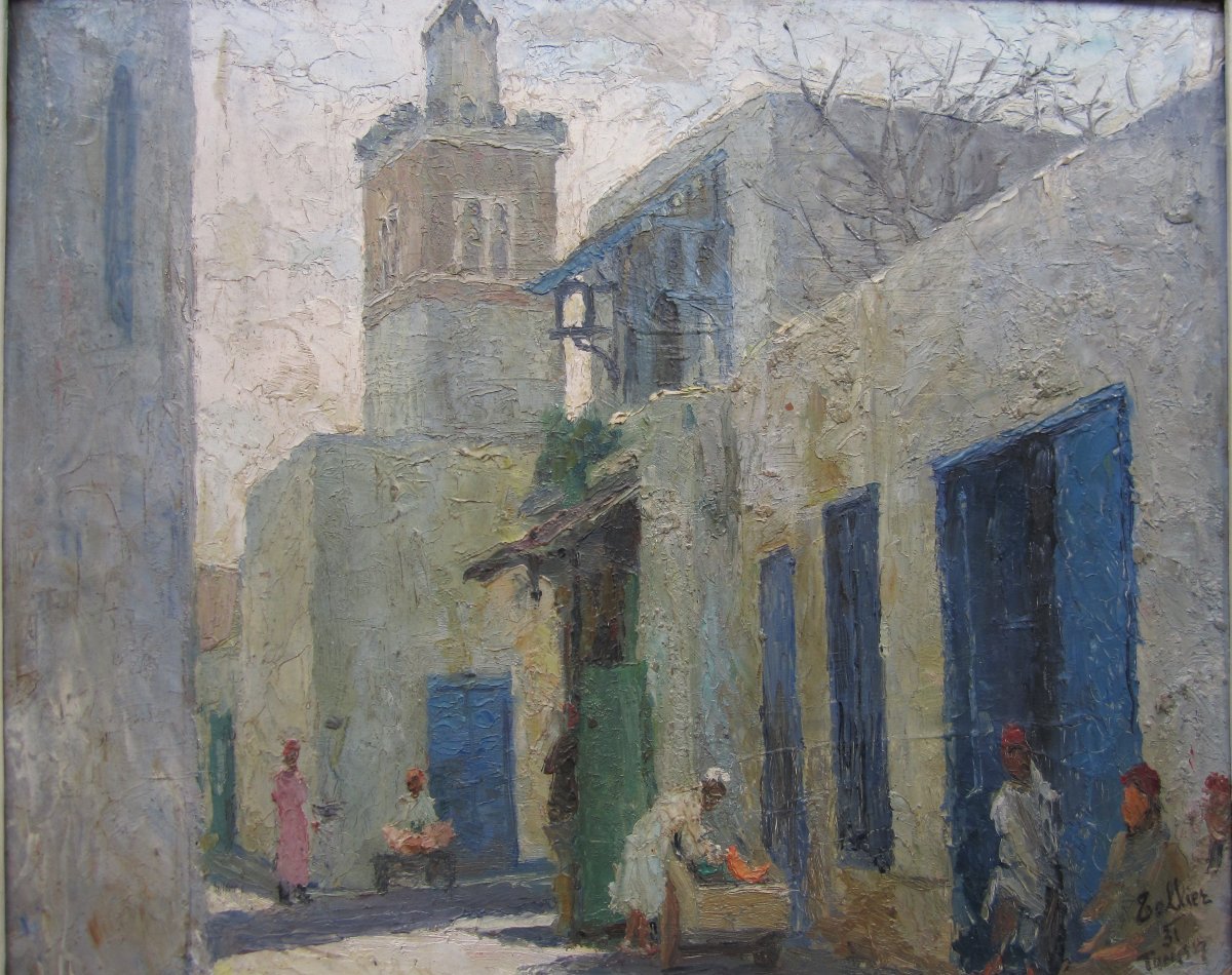 Raymond Tellier, A Very Beautiful Orientalist Painting Signed In 1931, Tunis, Bab Saadoun District, Tunisia.-photo-3