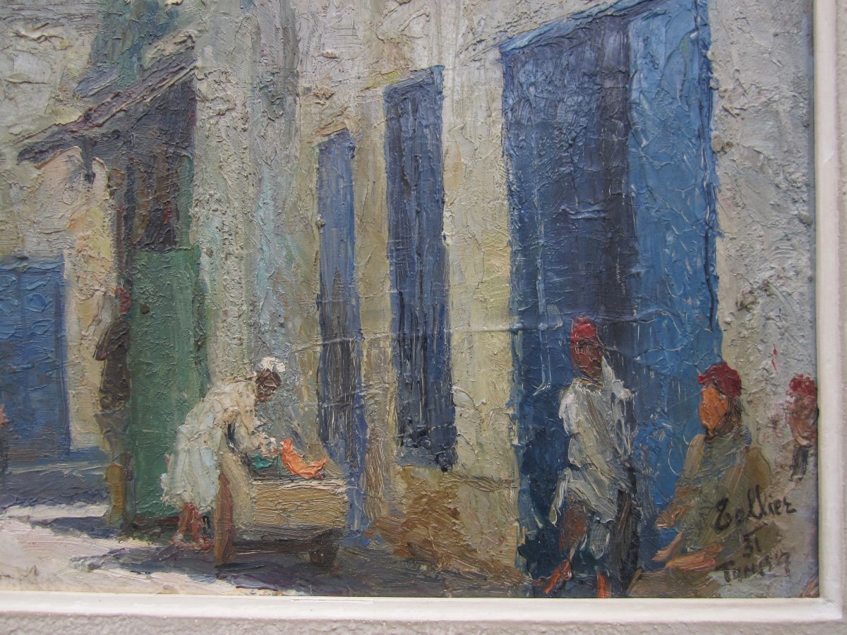 Raymond Tellier, A Very Beautiful Orientalist Painting Signed In 1931, Tunis, Bab Saadoun District, Tunisia.-photo-4