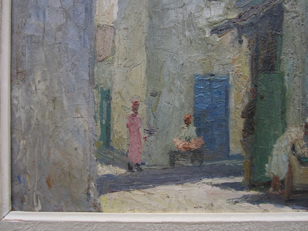 Raymond Tellier, A Very Beautiful Orientalist Painting Signed In 1931, Tunis, Bab Saadoun District, Tunisia.-photo-1