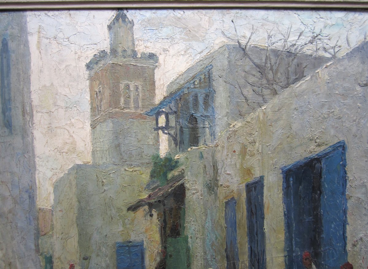 Raymond Tellier, A Very Beautiful Orientalist Painting Signed In 1931, Tunis, Bab Saadoun District, Tunisia.-photo-2