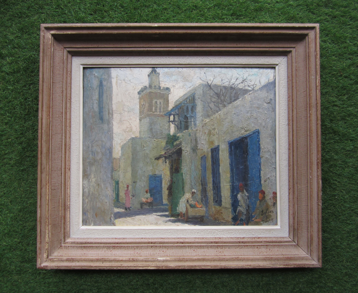 Raymond Tellier, A Very Beautiful Orientalist Painting Signed In 1931, Tunis, Bab Saadoun District, Tunisia.