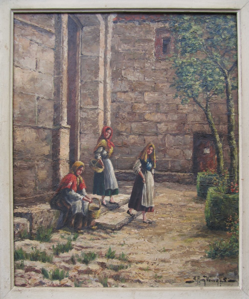 Very Beautiful Spanish Painting Circa 1940 Signed Ruiz Venegas Leaving Mass In Siguenza, Spain.-photo-2