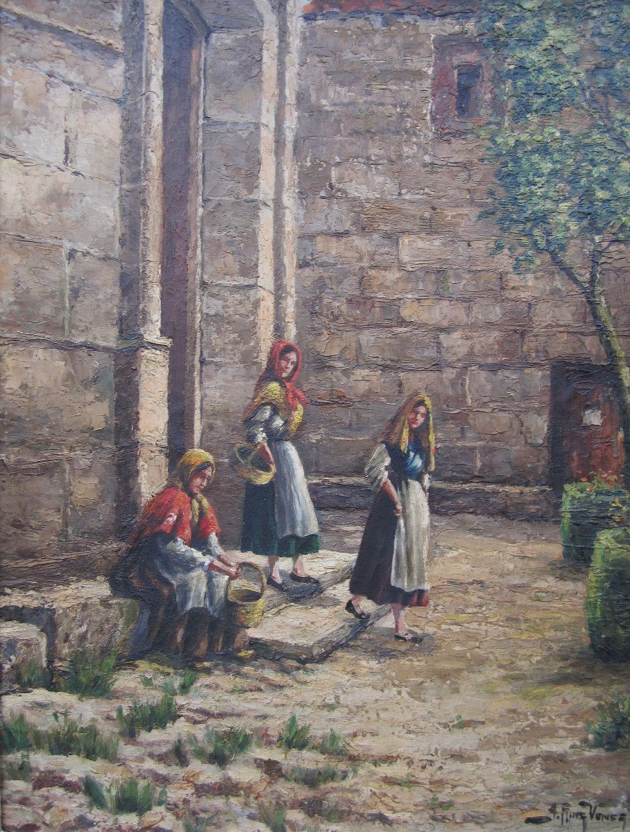 Very Beautiful Spanish Painting Circa 1940 Signed Ruiz Venegas Leaving Mass In Siguenza, Spain.-photo-3