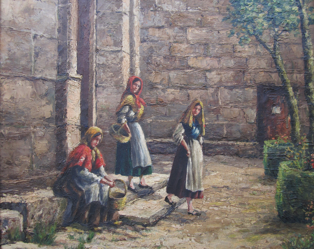 Very Beautiful Spanish Painting Circa 1940 Signed Ruiz Venegas Leaving Mass In Siguenza, Spain.-photo-4