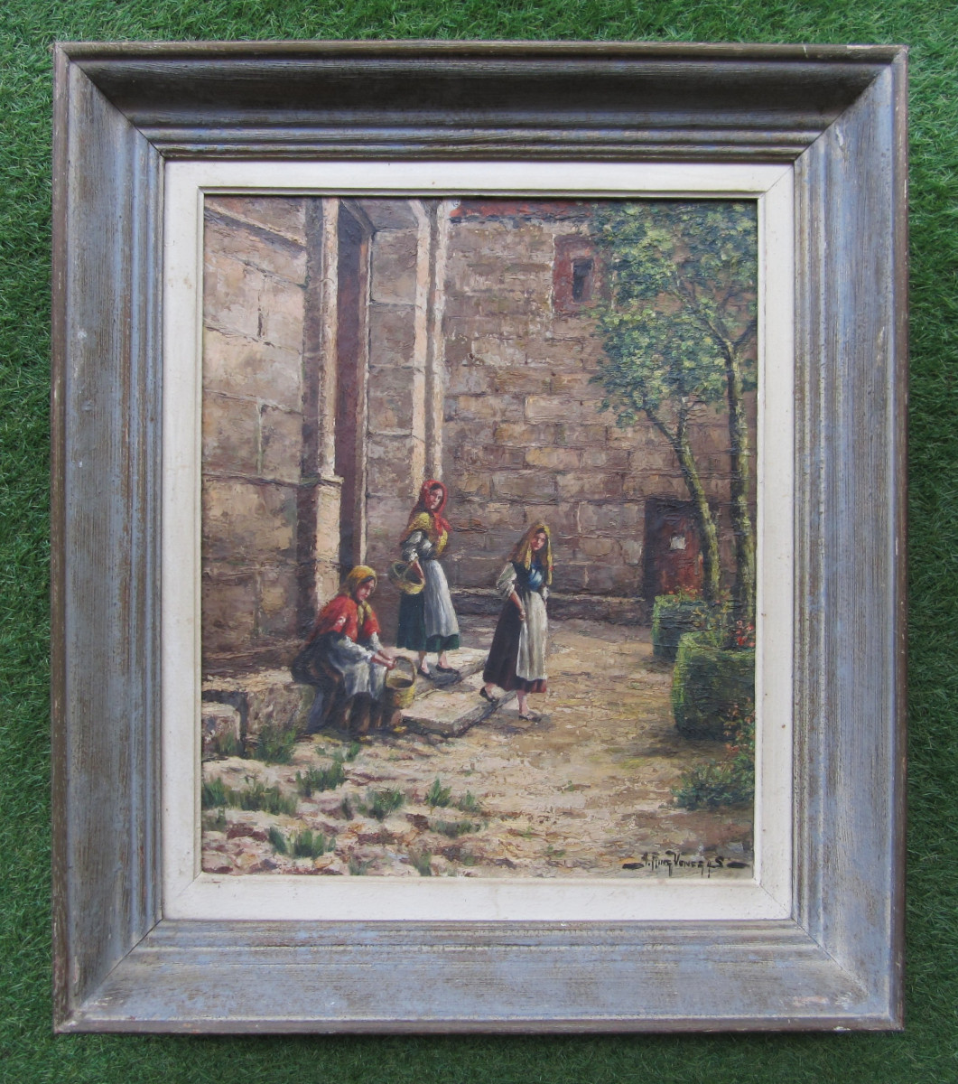 Very Beautiful Spanish Painting Circa 1940 Signed Ruiz Venegas Leaving Mass In Siguenza, Spain.