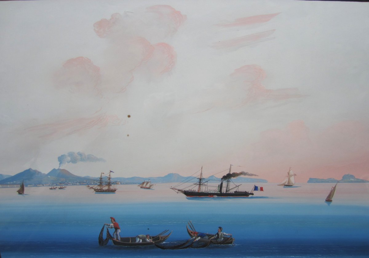 Beautiful And Large Neapolitan Gouache Painting, Italian, 1850, The Grand Tour, Gulf Of Naples.-photo-3