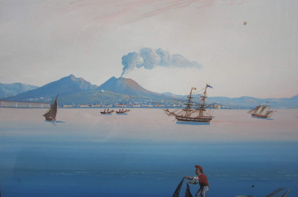 Beautiful And Large Neapolitan Gouache Painting, Italian, 1850, The Grand Tour, Gulf Of Naples.-photo-4