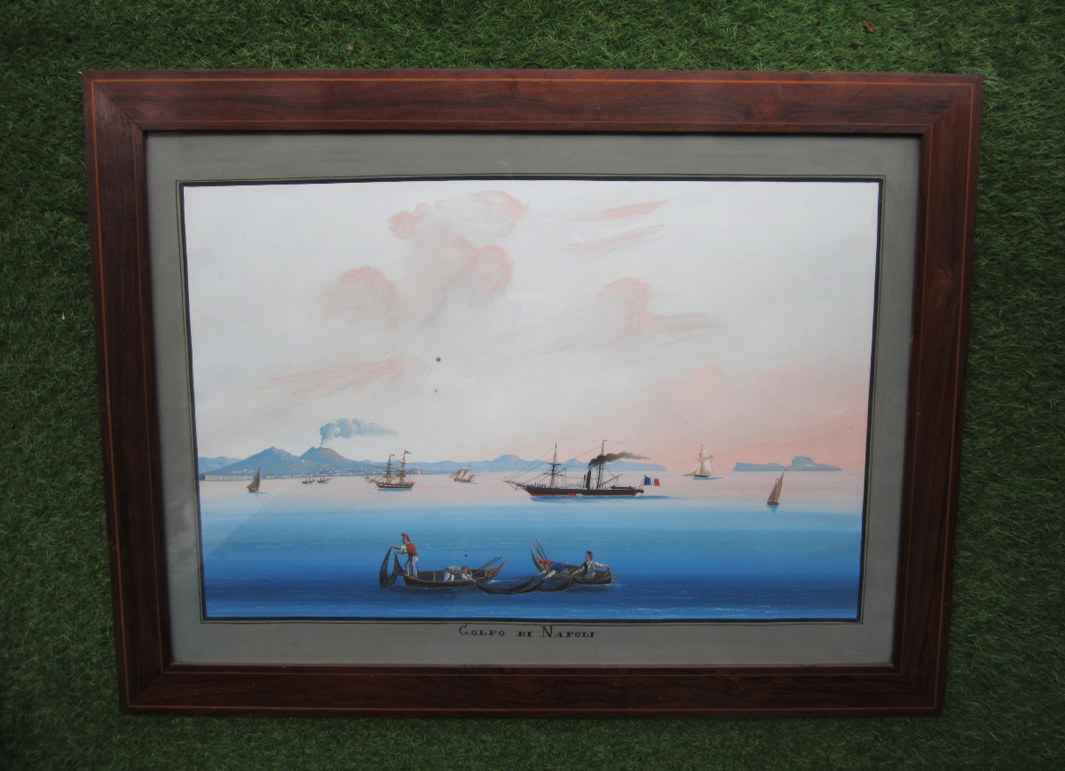 Beautiful And Large Neapolitan Gouache Painting, Italian, 1850, The Grand Tour, Gulf Of Naples.