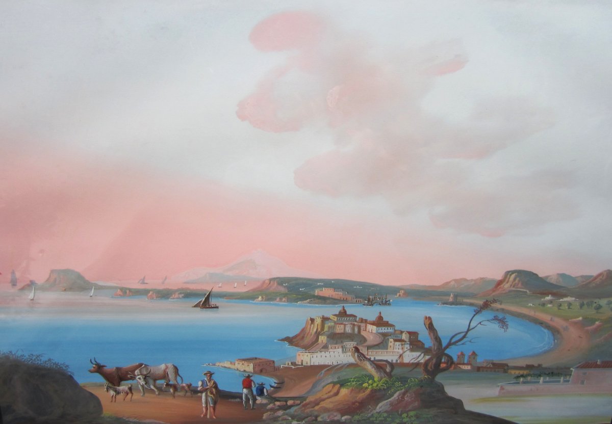 Beautiful And Large Neapolitan Gouache Painting, Italian, 1850, The Grand Tour, Gulf Of Pozzuoli, Naples-photo-3