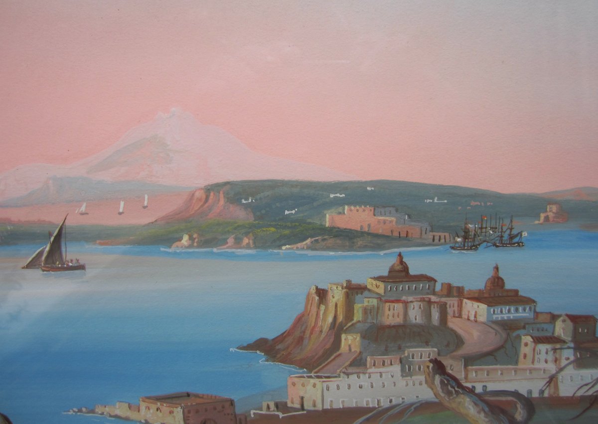 Beautiful And Large Neapolitan Gouache Painting, Italian, 1850, The Grand Tour, Gulf Of Pozzuoli, Naples-photo-4