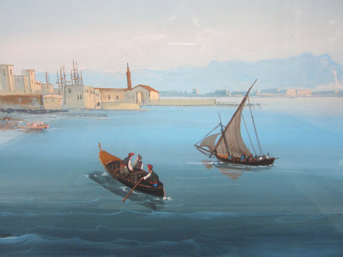 Large Neapolitan Gouache, Italian Painting, 1850, The Grand Tour, View Of Santa Lucia, Naples.-photo-3