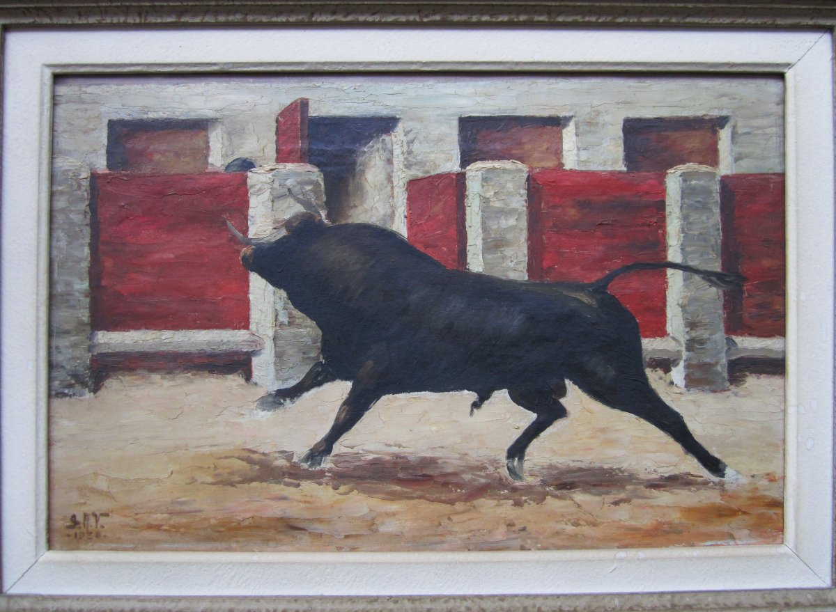 Ancien très beau tableau signé en 1938 scène de corrida tauromachie taureau arène toréador.-photo-2