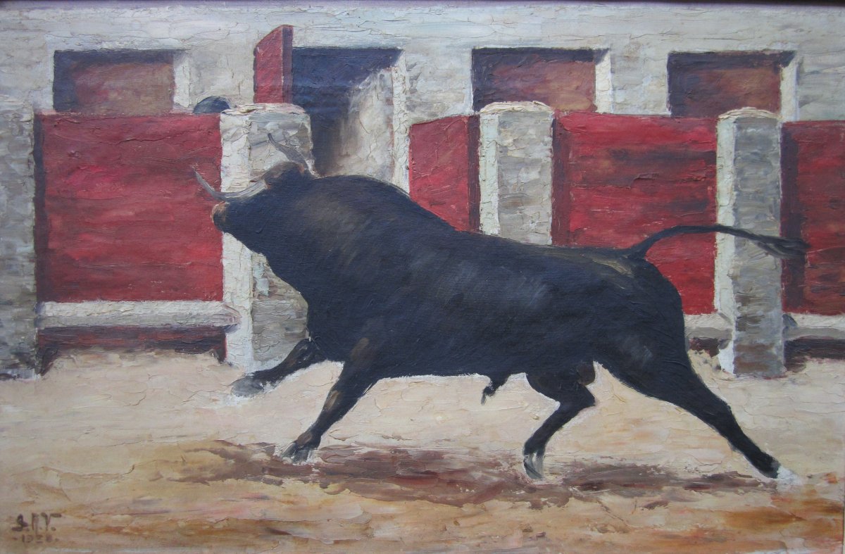 Ancien très beau tableau signé en 1938 scène de corrida tauromachie taureau arène toréador.-photo-3