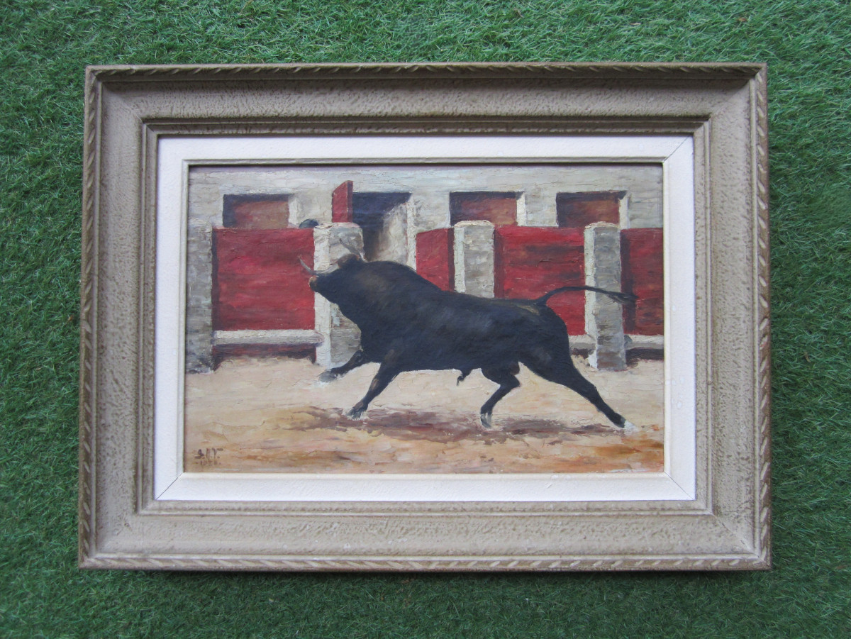 Ancien très beau tableau signé en 1938 scène de corrida tauromachie taureau arène toréador.