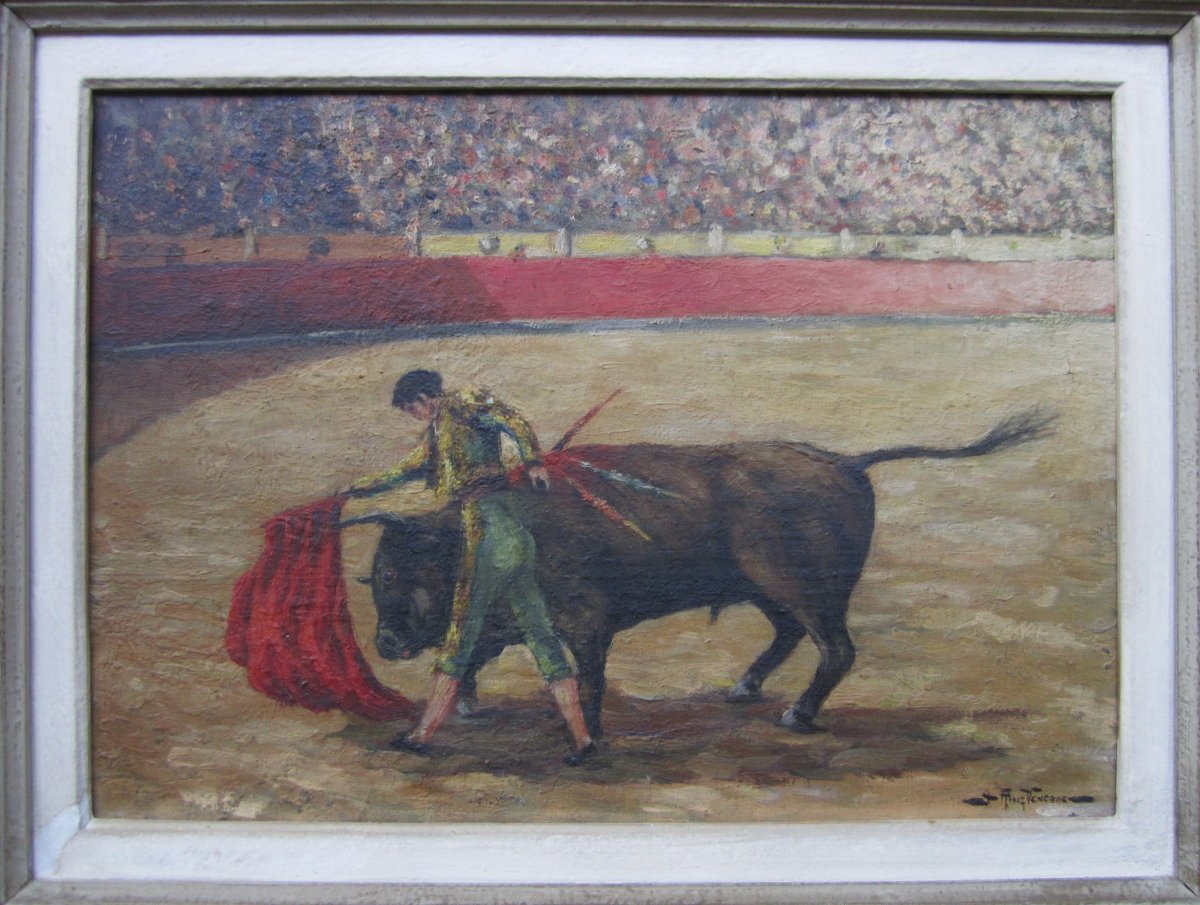  Very Beautiful Old Painting Signed Around 1940, Bullfighting Scene, Bull, Arena, Bullfighter.-photo-2