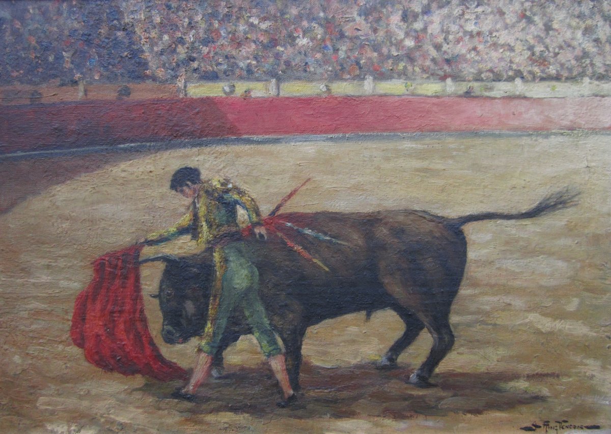  Very Beautiful Old Painting Signed Around 1940, Bullfighting Scene, Bull, Arena, Bullfighter.-photo-3