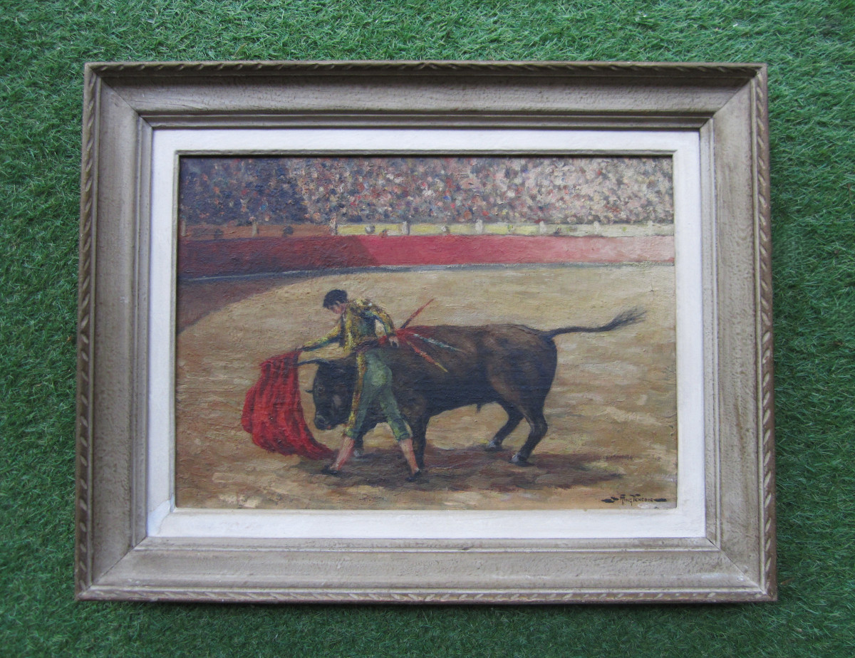  Very Beautiful Old Painting Signed Around 1940, Bullfighting Scene, Bull, Arena, Bullfighter.