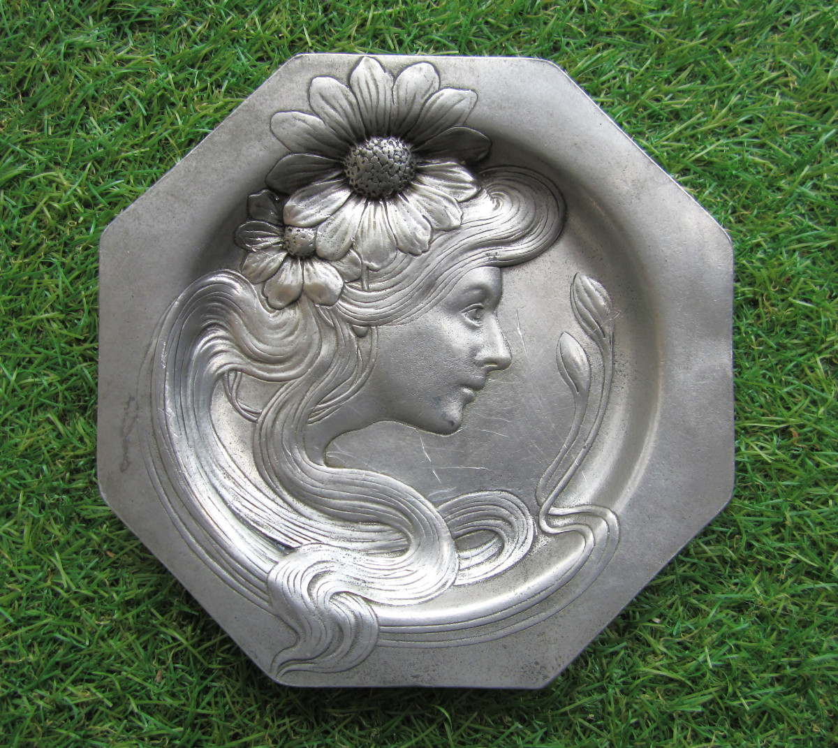 Antique Very Beautiful Art Nouveau Tin Trinket Dish, Woman In The Style Of Mucha Circa 1900.